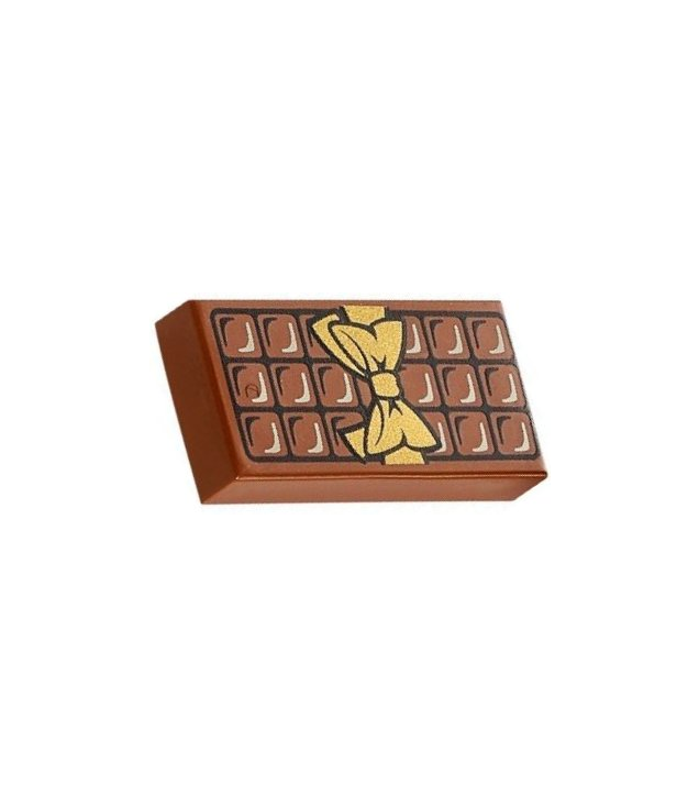 LEGO - Tegel 1 x 2 met chocoladereep en gouden strikpatroon - Reddish Brown | N
