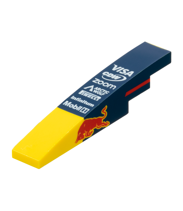 LEGO - Helling, gebogen 6 x 1 met witte logo’s 'VISA', 'CDW', 'zoom', 'ARCTIC WOLF', 'PIRELLI', 'Infinitum' en 'Mobil' op donkerblauwe achtergrond, Red Bull en streep aan beide zijden - Yellow | N