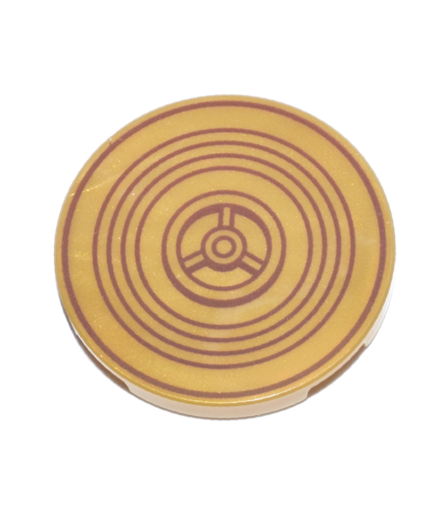 LEGO - Tegel, rond 3 x 3 met roodbruine concentrische cirkels en tandwielpatroon - Pearl Gold | N