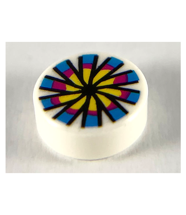 LEGO - Tegel, rond 1 x 1 met gele, magenta en middelblauwe bloem en Chinees trommelmotief - White | N