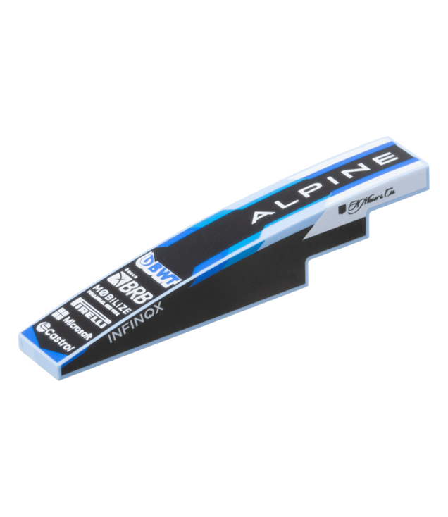 LEGO - Helling, gebogen 6 x 1 met blauwe 'BWT', witte 'ALPINE', 'banco BRB', 'MOBILIZE', 'PIRELLI', 'Microsoft', 'Castrol' en 'INFINOX'-logo’s op zwarte achtergrond, 'H. Moser & Cie.' tekst aan beide zijden - Bright Light Blue | N