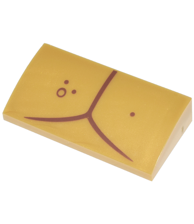 LEGO - Helling, gebogen 2 x 4 x 2/3 met onderbuizen en roodbruine gebogen lijnen en stippen - Pearl Gold | N
