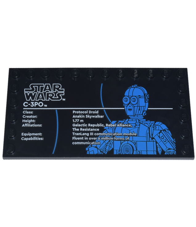 LEGO - Tegel, gemodificeerd 6 x 12 met noppen aan randen met Star Wars-logo en 'C-3PO'-patroon - Black | N
