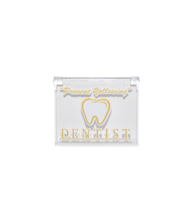 LEGO - Glas voor raam 1 x 4 x 3 - open variant met gouden en witte tekst 'Prevent Yellowing', 'DENTIST' en tandopdruk - Trans-Clear | N