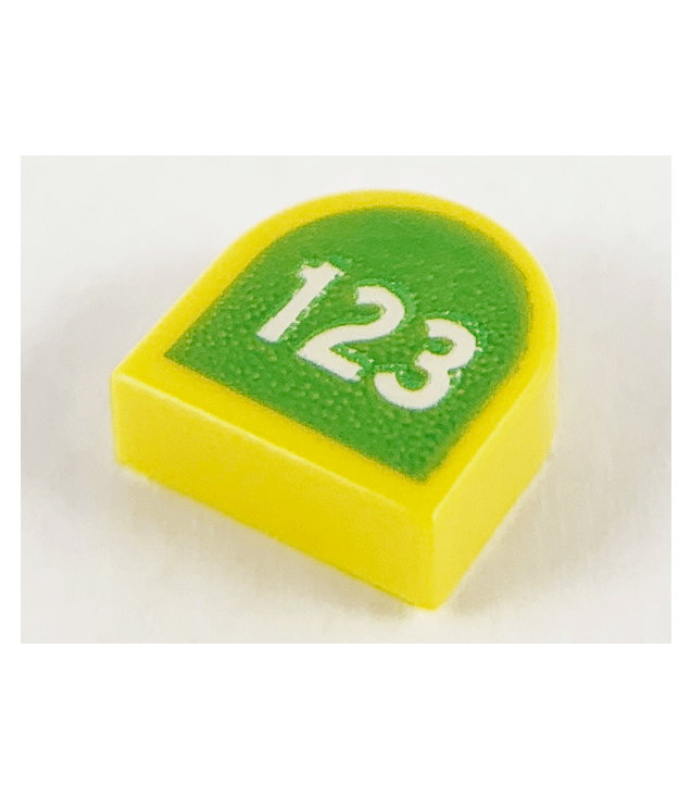 LEGO - Tegel, rond 1 x 1 halve cirkel verlengd met witte ‘123’ op limoengroene achtergrond - Yellow | N